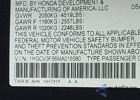2021 Honda Accord Hybrid Ex-L from USA, damaged, VIN 1HGCV3F56MA016580
